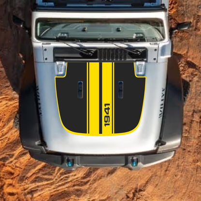 CarCode hood decal for Jeep Wrangler JL, JLU, Gladiator JT, 2018+ style #06, showing black and white graphic on vehicle hood