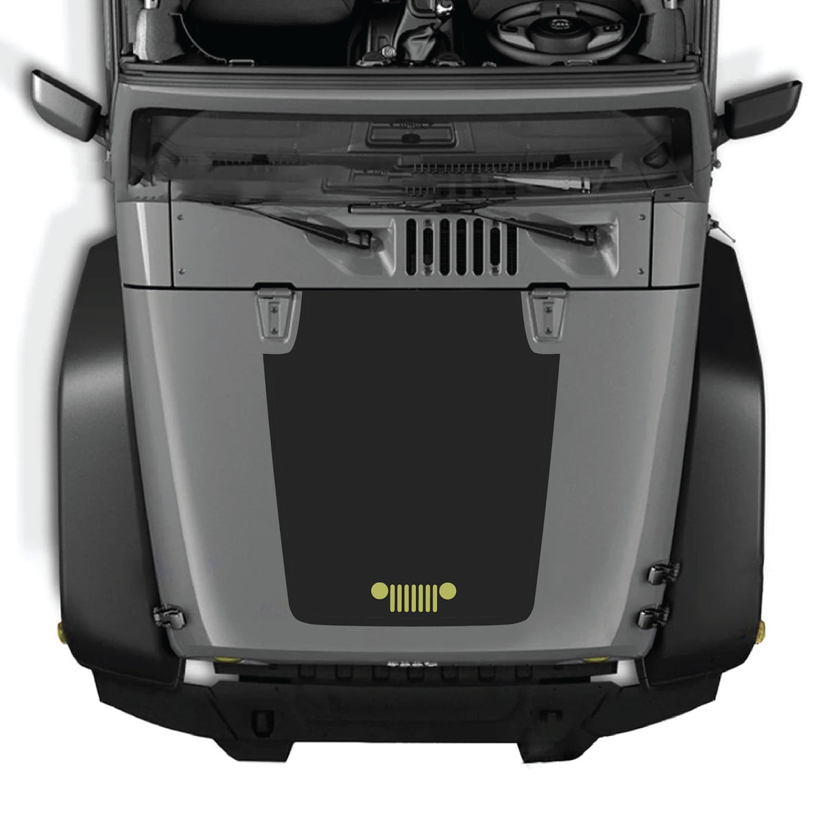 Jeep Wrangler JK/JKU hood decal by CarCode, style #27, in black with bold graphic design on a silver vehicle hood.