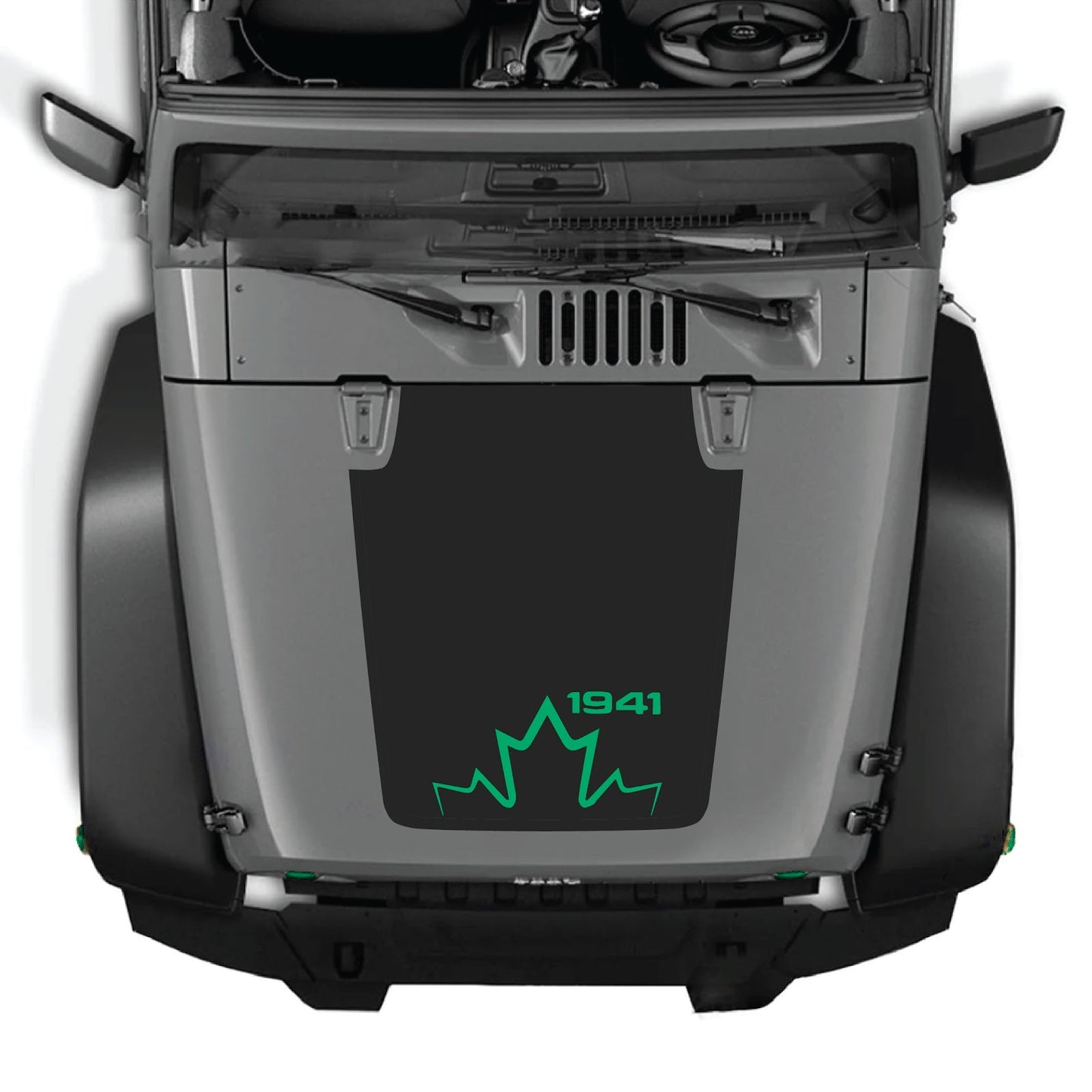 Jeep Wrangler JK/JKU hood decal by CarCode, style #12, black graphic sticker for 2007-2018 Jeep models on hood surface.