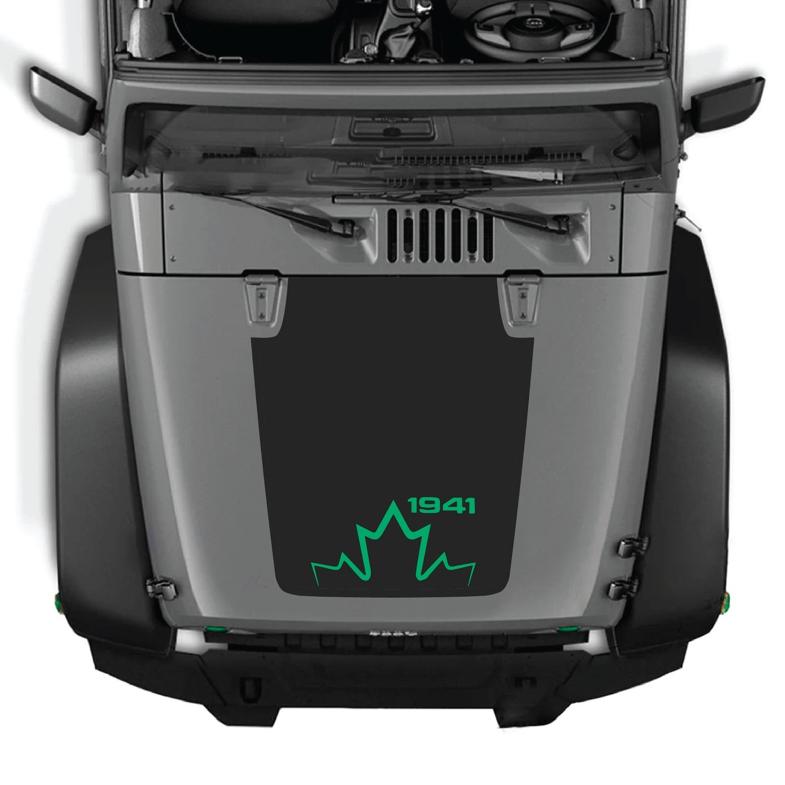 Jeep Wrangler JK/JKU hood decal by CarCode, style #12, black graphic sticker for 2007-2018 Jeep models on hood surface.