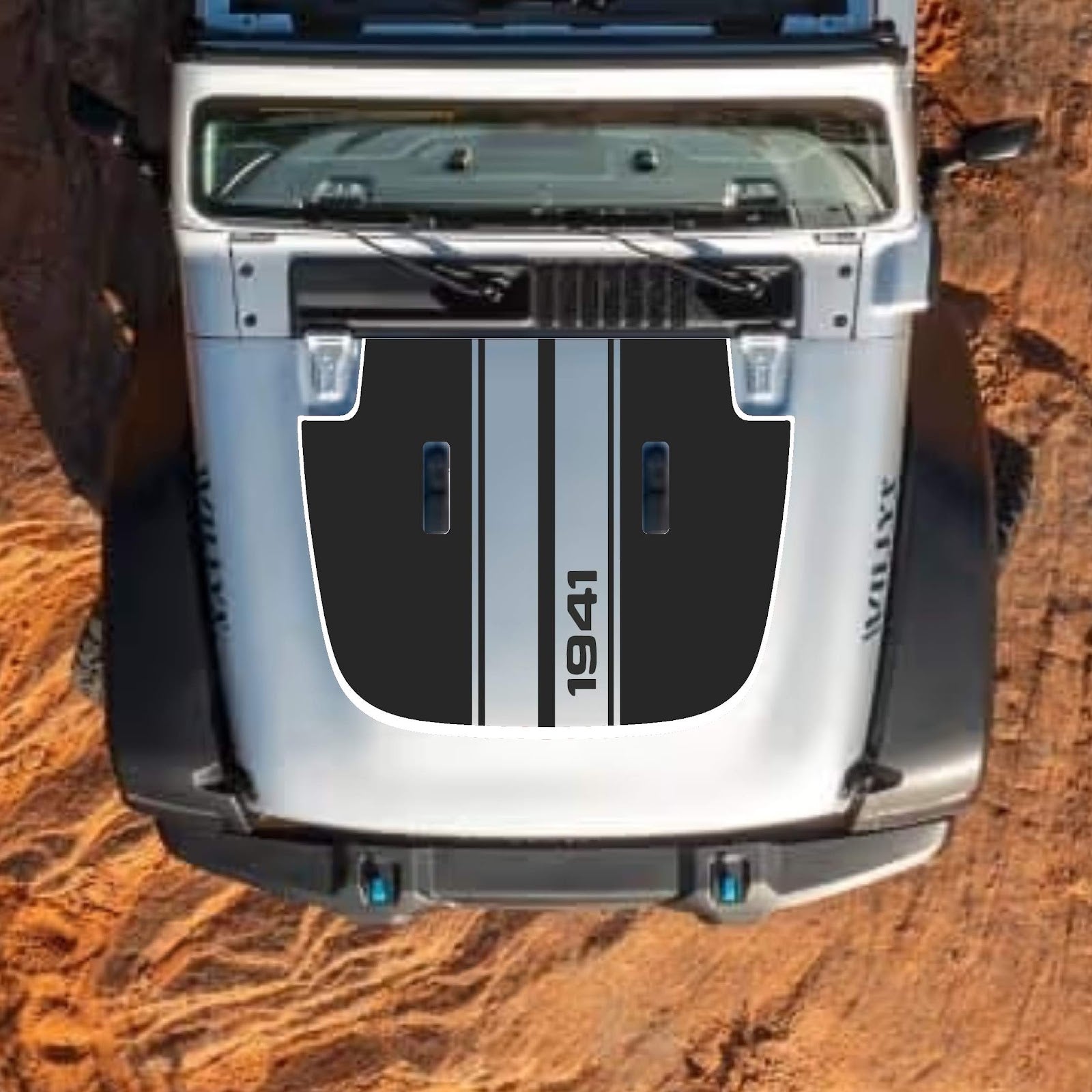 CarCode Jeep Wrangler JL, JLU, Gladiator JT hood decal in style #77, black graphic design on standard hood for 2018+ models