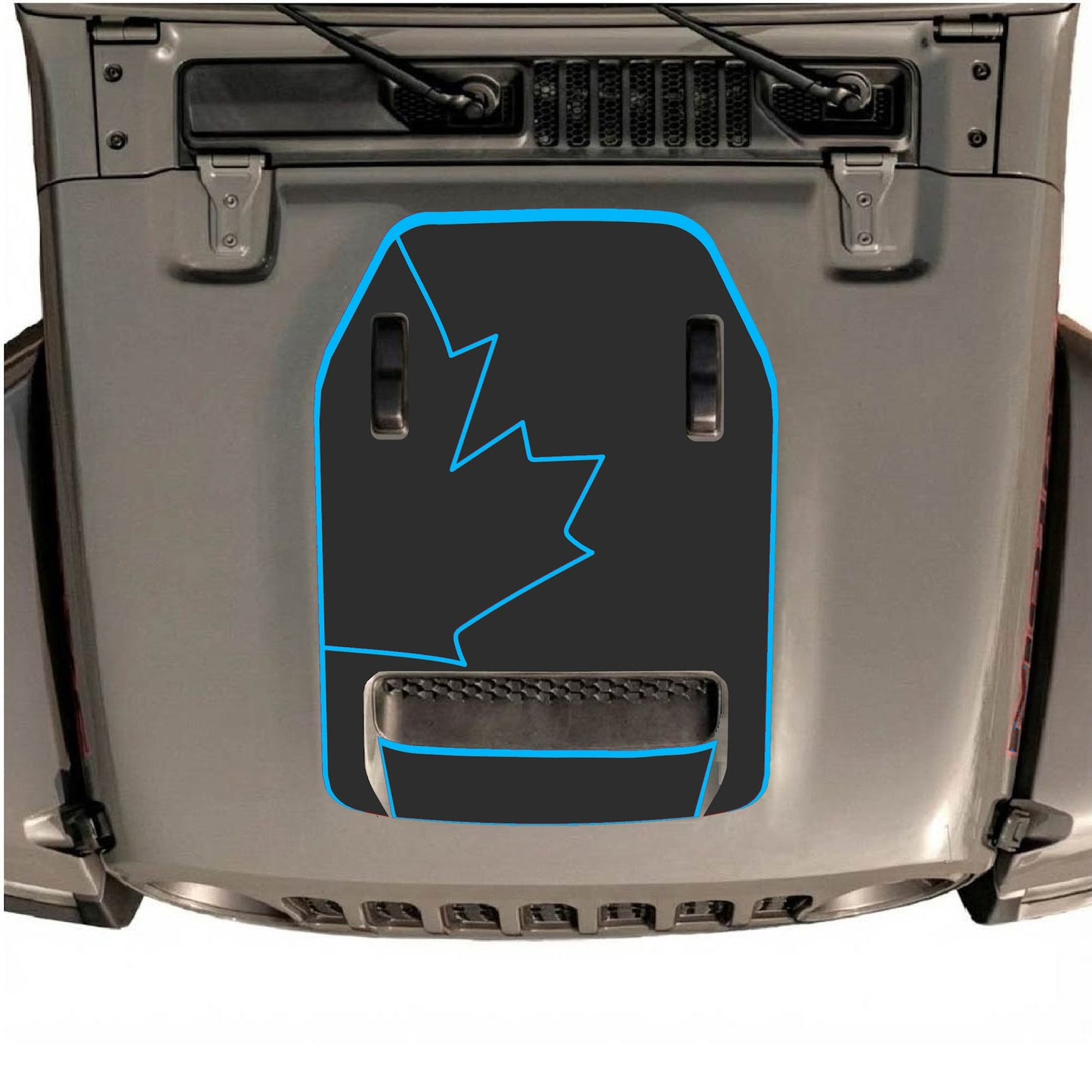 CarCode Jeep Wrangler JL/JLU Rubicon 392 and JT Gladiator Mojave hood decal in style #27, shown on vehicle hood in black and silver.