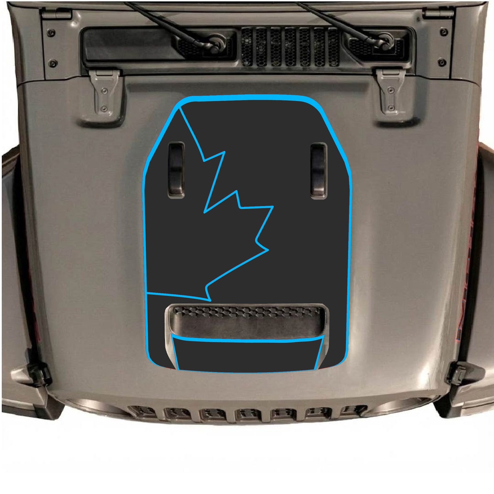CarCode Jeep Wrangler JL/JLU Rubicon 392 and JT Gladiator Mojave hood decal in style #27, shown on vehicle hood in black and silver.