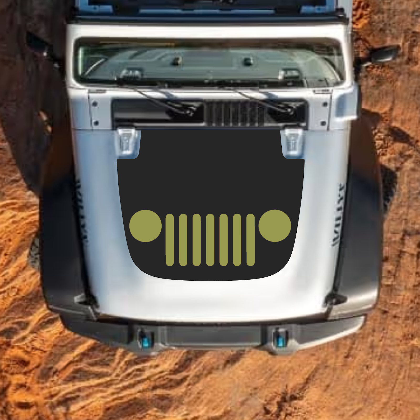 CarCode hood decal for Jeep Wrangler JL JLU and Gladiator JT, style #32, black graphic design on standard hood.