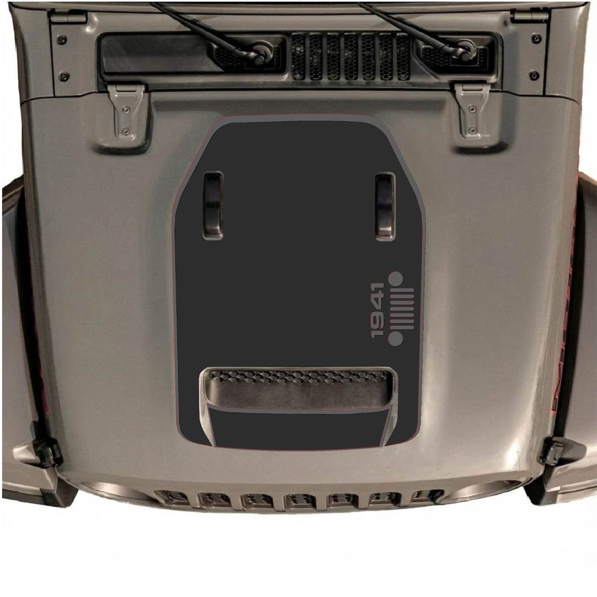 CarCode Jeep Wrangler JL/JLU Rubicon 392 and JT Gladiator Mojave hood decal, style #55, visible on vehicle's hood in the image.