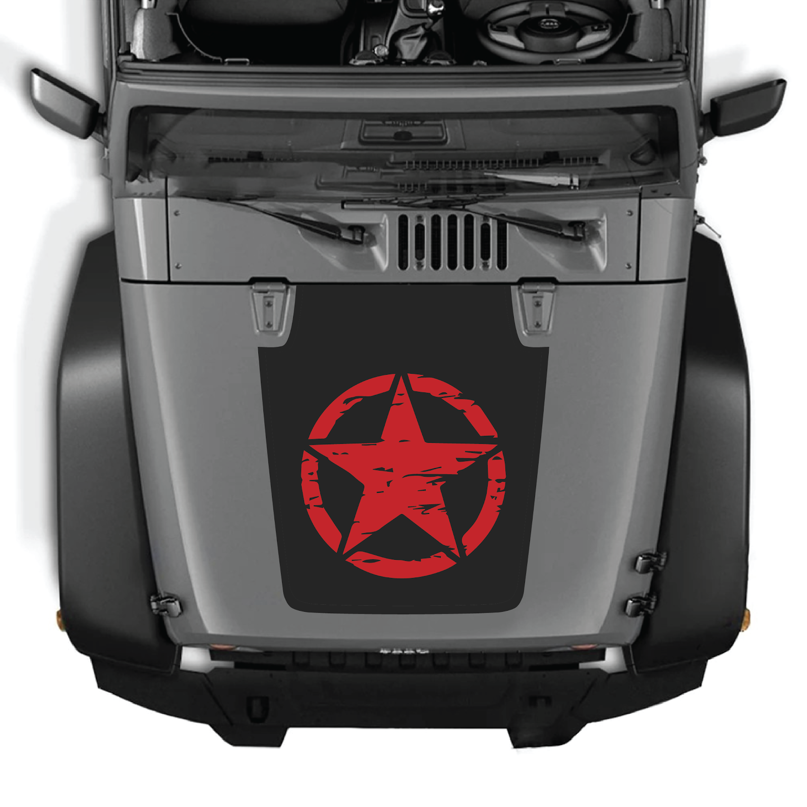CarCode Jeep Wrangler JK/JKU hood decal, style #25, black graphic design on vehicle’s hood for 2007-2018 models.