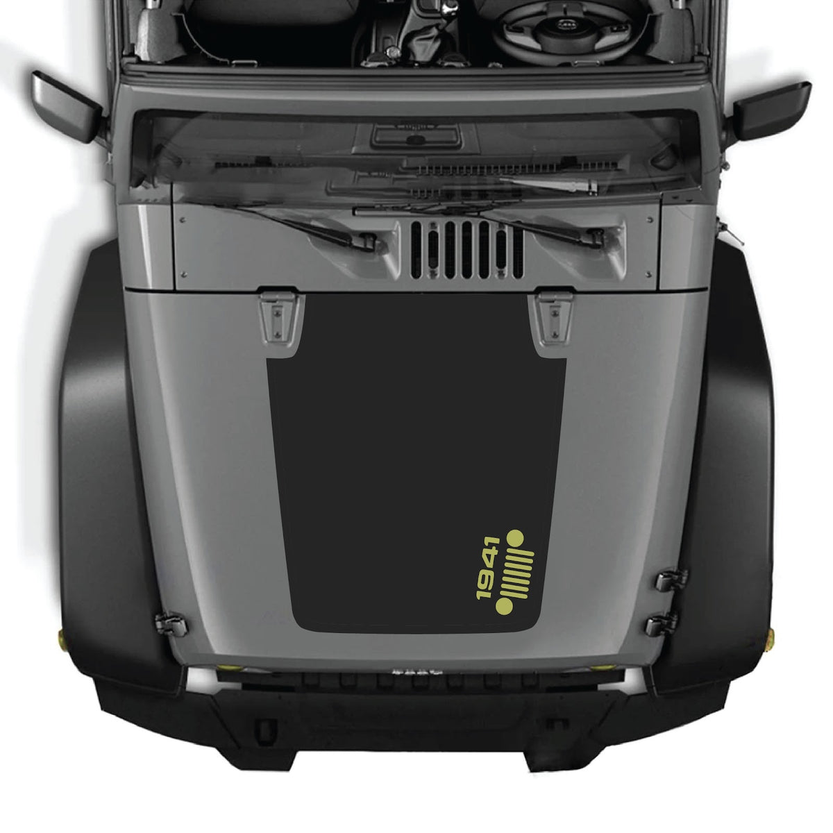 CarCode Jeep Wrangler JK/JKU hood decal style #60, black graphic sticker for 2007-2018 models, shown on vehicle hood