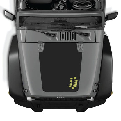 CarCode Jeep Wrangler JK/JKU hood decal style #60, black graphic sticker for 2007-2018 models, shown on vehicle hood
