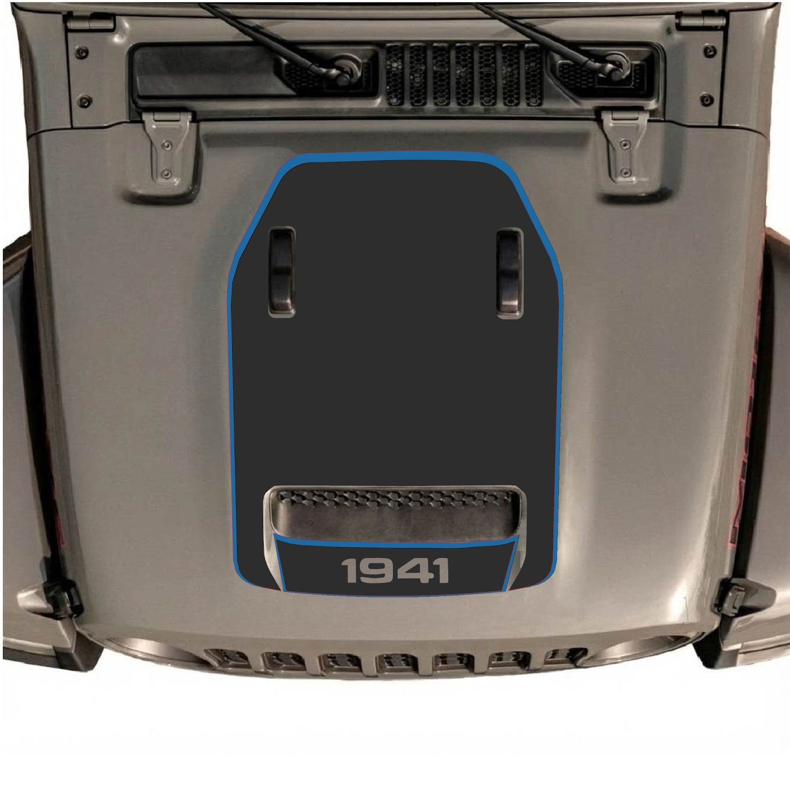 Jeep Wrangler JL/JLU Rubicon 392 or Gladiator Mojave hood decal by CarCode, style #102, in black with graphic design.