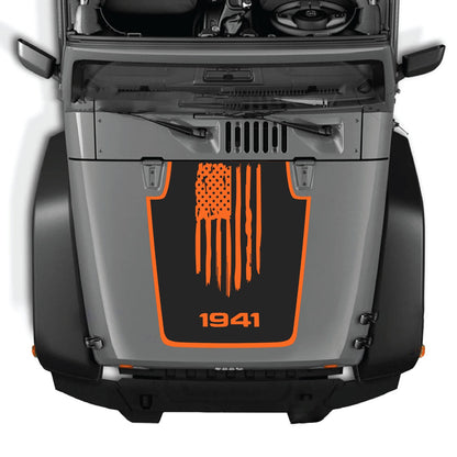 Jeep Wrangler JK/JKU hood decal by CarCode, Style #06, in black with bold graphic design on vehicle hood.