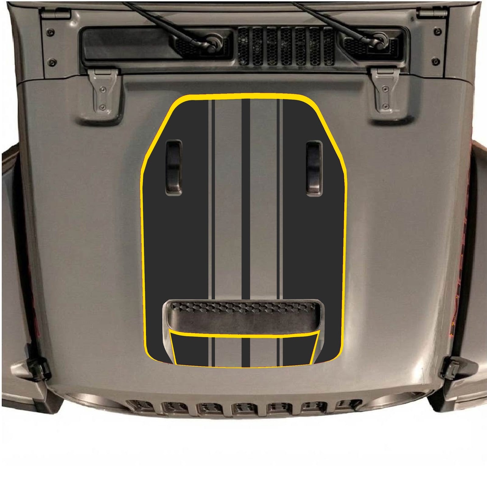 CarCode Jeep Wrangler JL/JLU Rubicon 392 or JT Gladiator Mojave hood decal, style #74, black graphic design on vehicle hood