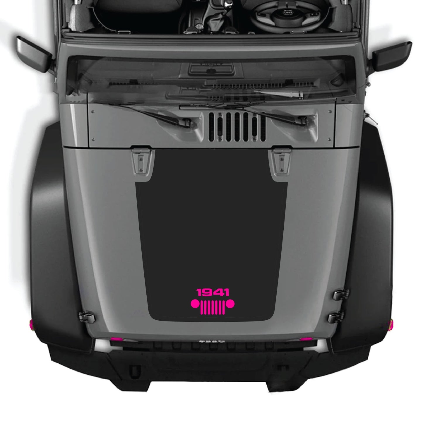 CarCode Jeep Wrangler JK/JKU hood decal in style #53, black and white graphic design on vehicle hood, fits 2007-2018 models