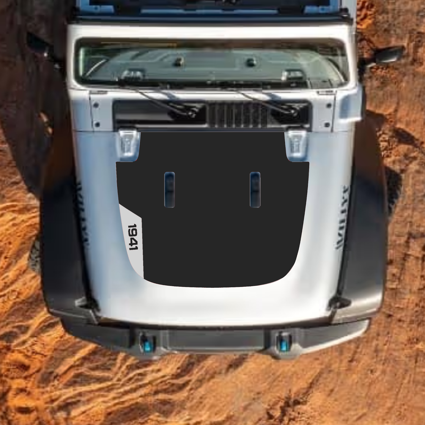 CarCode Jeep Wrangler JL and Gladiator JT hood decal in style #43, black graphic design on standard hood surface.