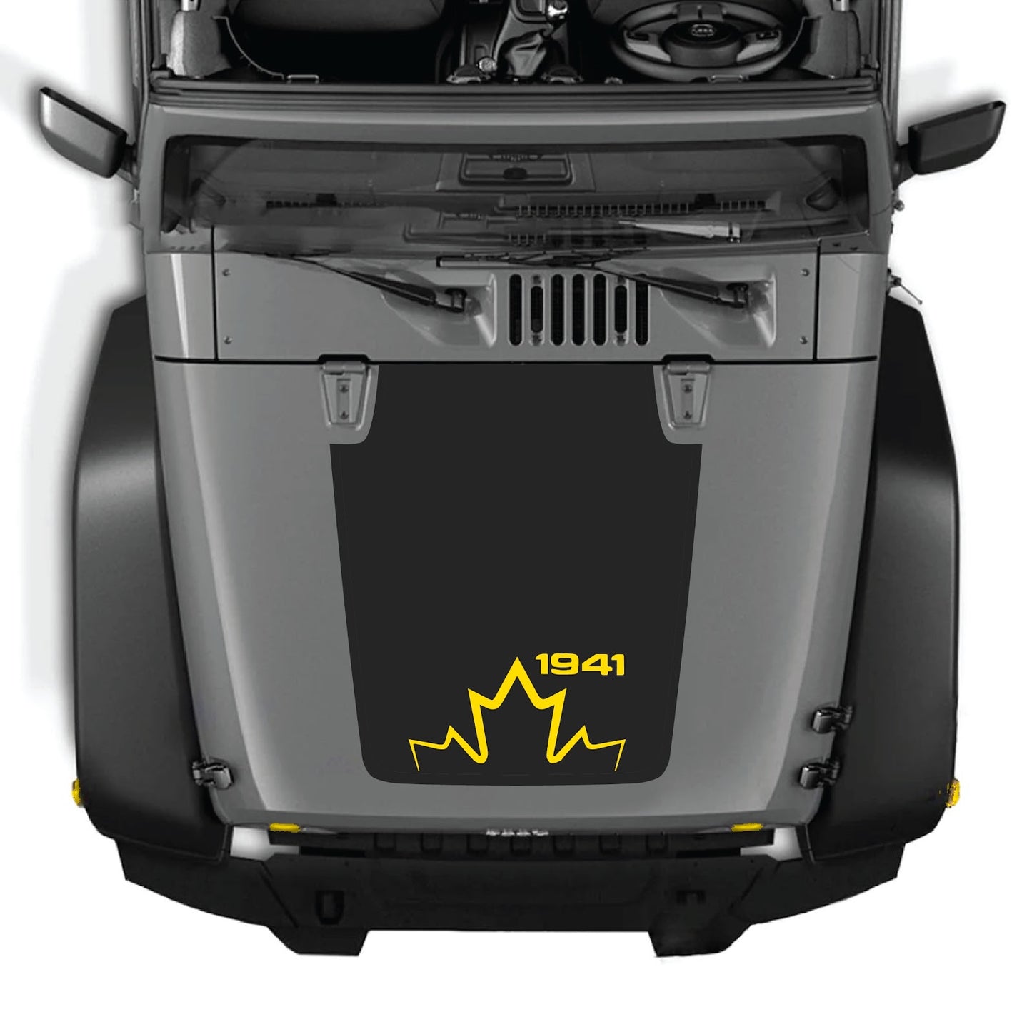 CarCode hood decal for Jeep Wrangler JK/JKU 2007-2018, style #12, shown on the vehicle's hood in black and white design.