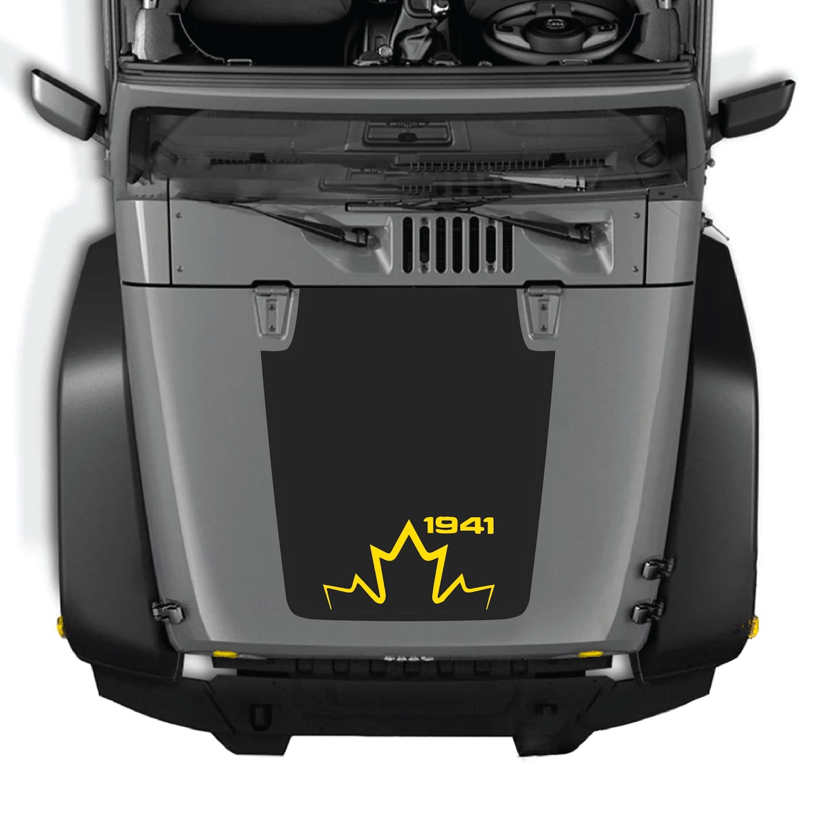 CarCode hood decal for Jeep Wrangler JK/JKU 2007-2018, style #12, shown on the vehicle's hood in black and white design.