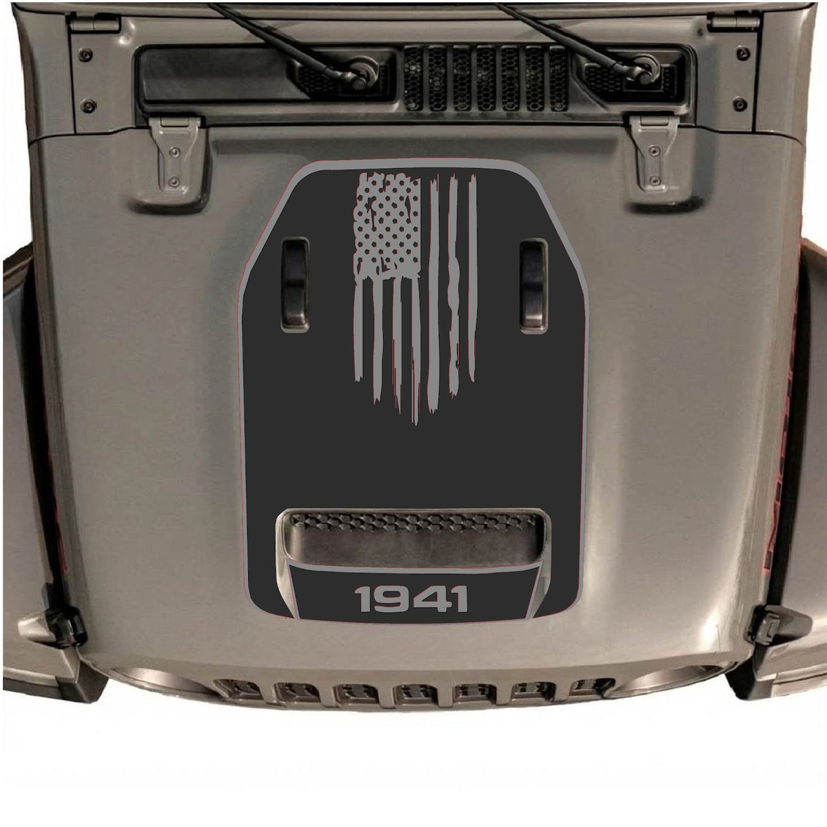 Jeep Wrangler JL/JLU Rubicon 392 and JT Gladiator Mojave hood decal by CarCode, style #29, black and white graphic design.