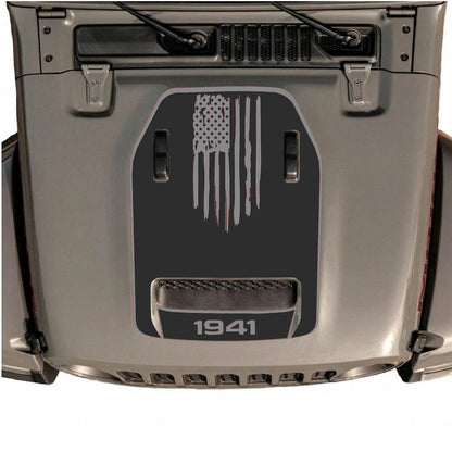 Jeep Wrangler JL/JLU Rubicon 392 and JT Gladiator Mojave hood decal by CarCode, style #29, black and white graphic design.