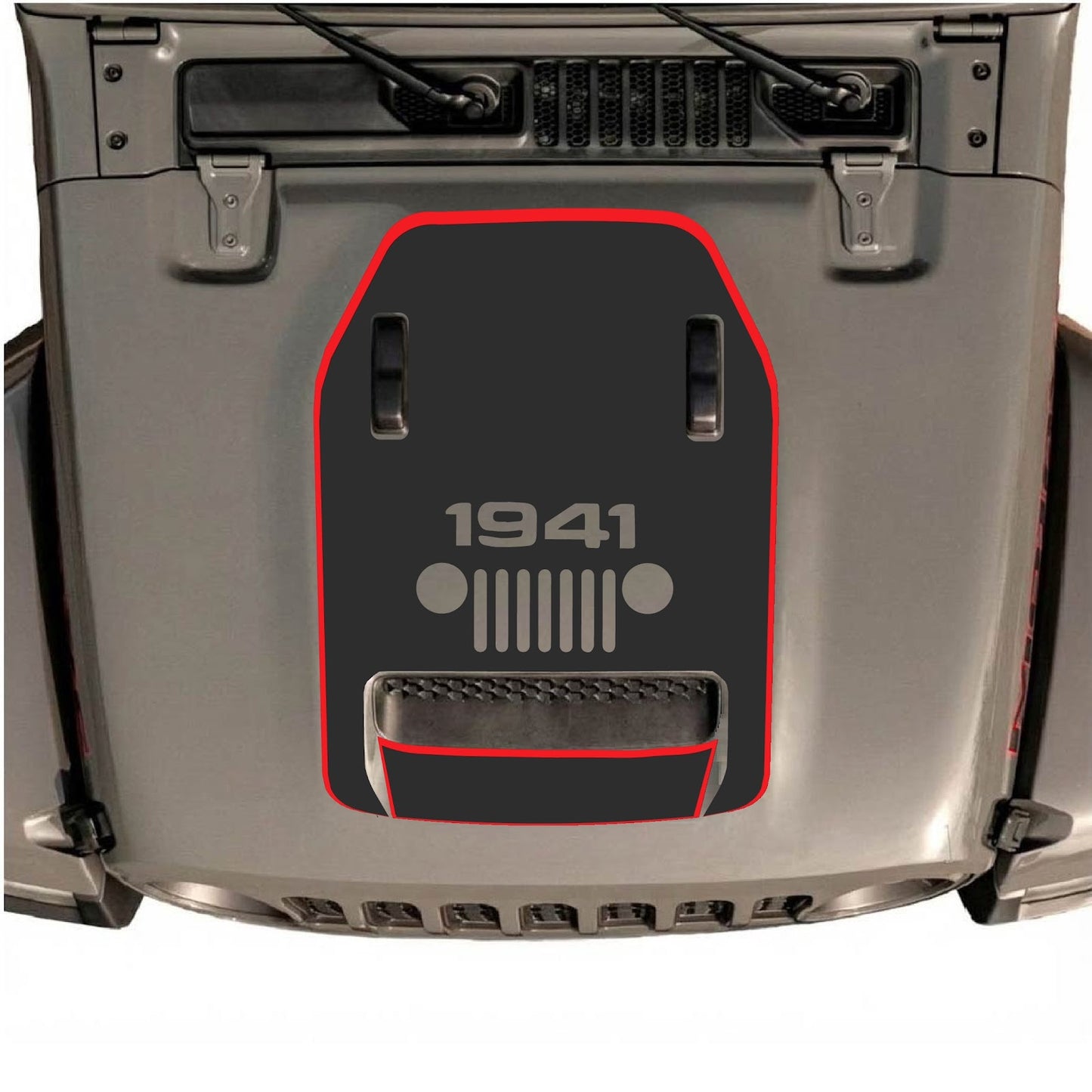 CarCode Jeep Wrangler JL/JLU Rubicon 392 and JT Gladiator Mojave hood decal, style #92, black and silver graphic design.