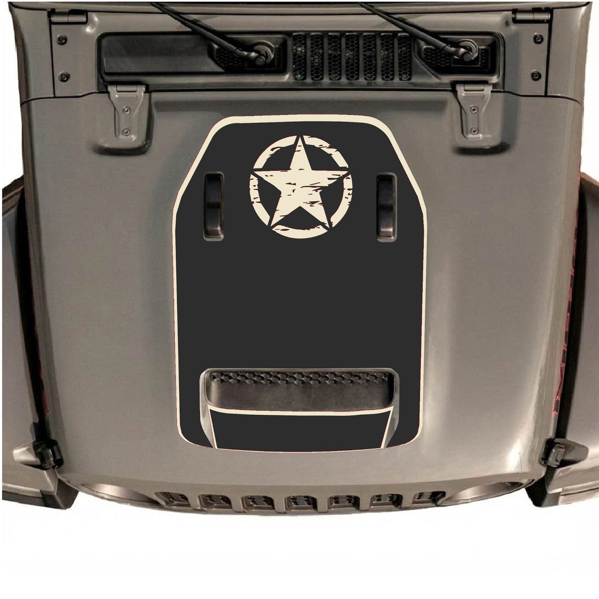 Jeep Wrangler JL/JLU Rubicon 392 and Gladiator Mojave hood decal by CarCode, style #41, shown on vehicle hood.