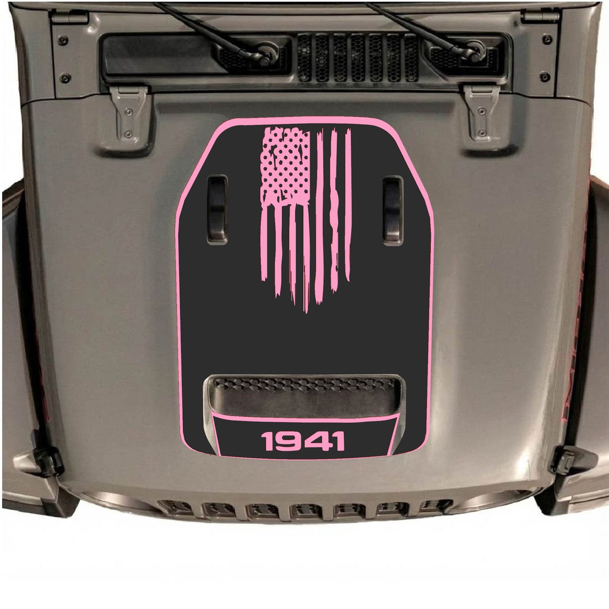 CarCode Jeep Wrangler JL/JLU Rubicon 392 and JT Gladiator Mojave hood decal in Style #29, black graphic design on vehicle hood.
