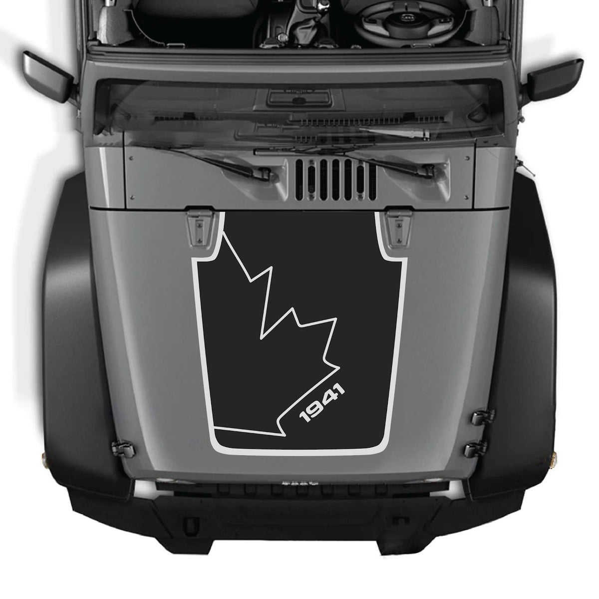 Jeep Wrangler JK/JKU hood decal by CarCode, style #16, black and white graphic design on vehicle hood.