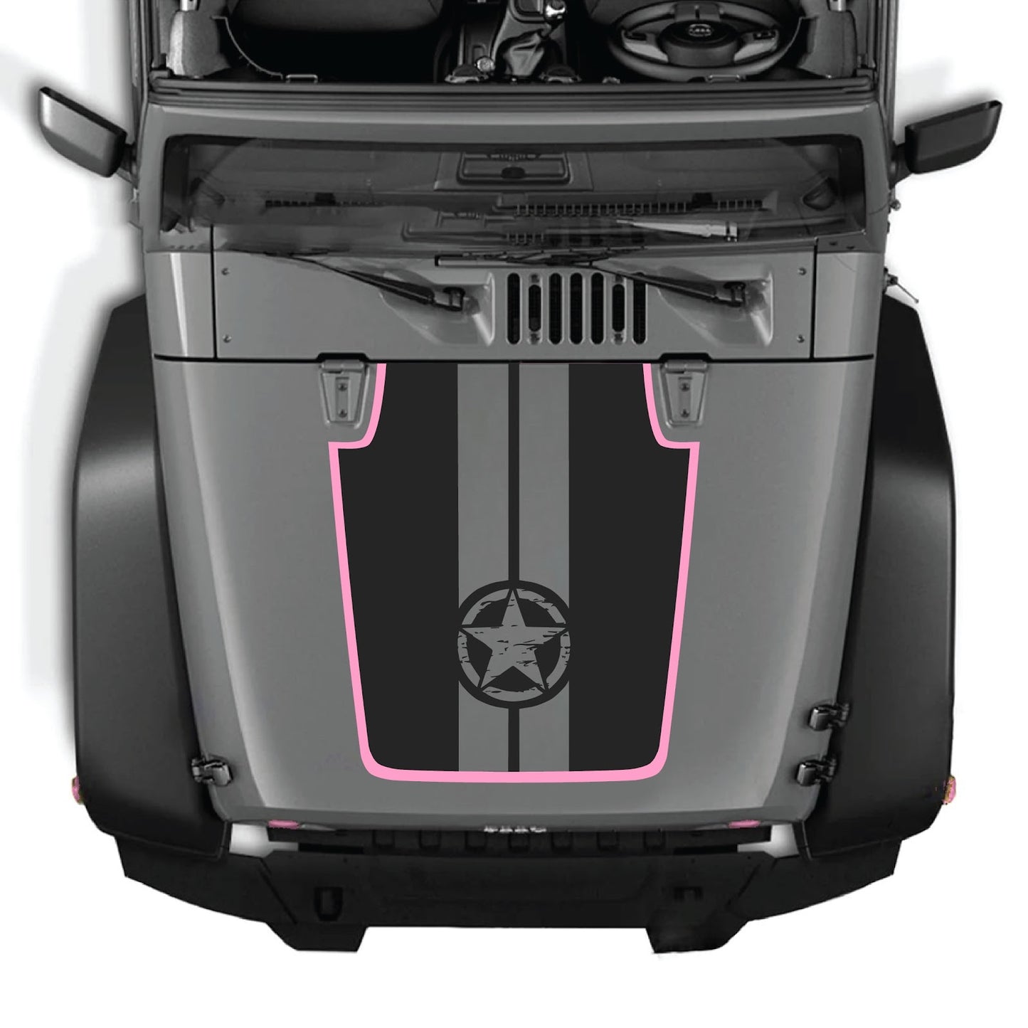 CarCode hood decal for Jeep Wrangler JK/JKU 2007-2018, style #88, shown on the vehicle's hood with black and gray design