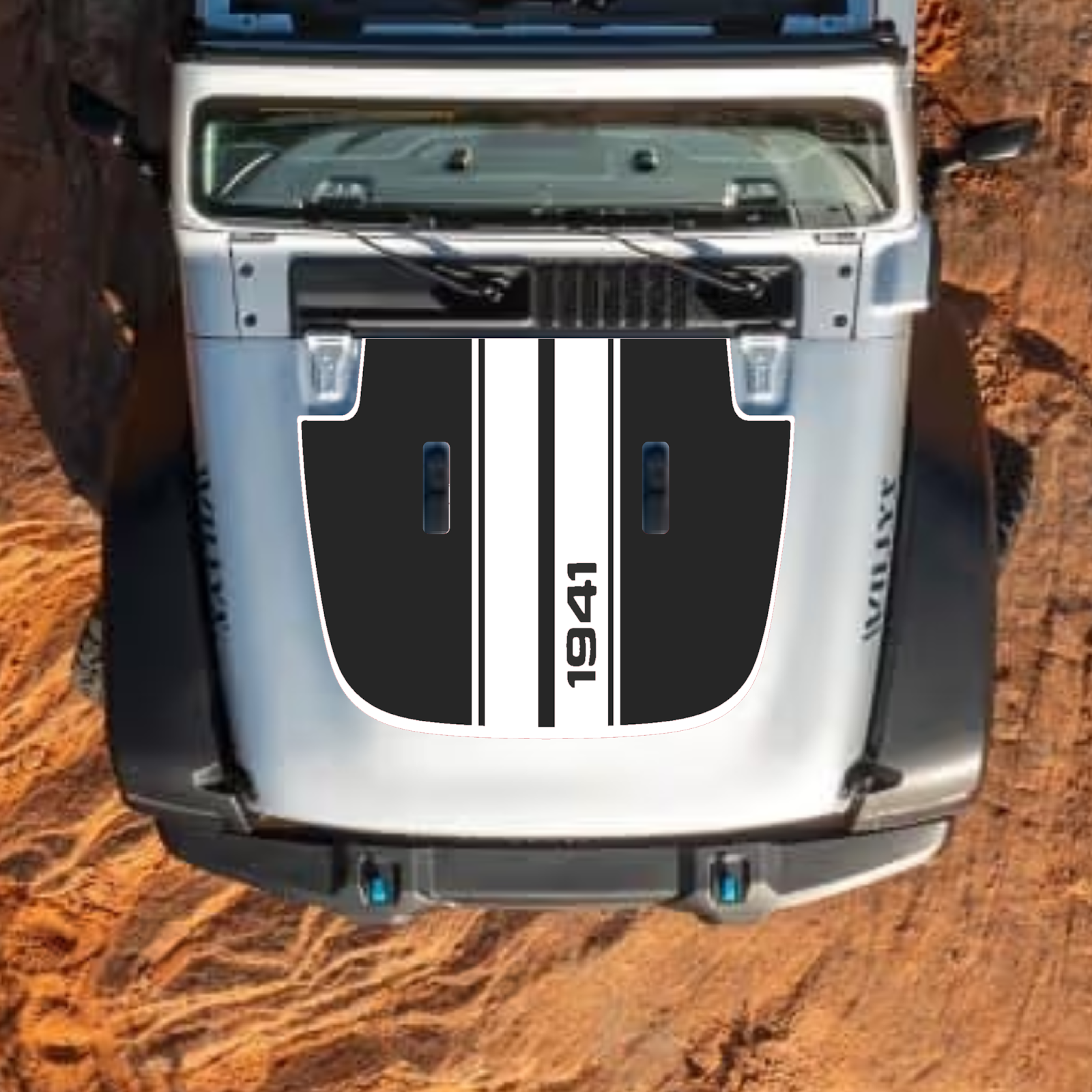 CarCode hood decal for Jeep Wrangler JL JLU and Gladiator JT, style #06, black and white design on standard hood.