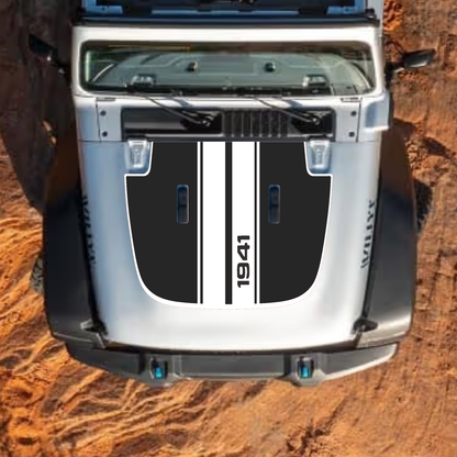 CarCode hood decal for Jeep Wrangler JL JLU and Gladiator JT, style #06, black and white design on standard hood.
