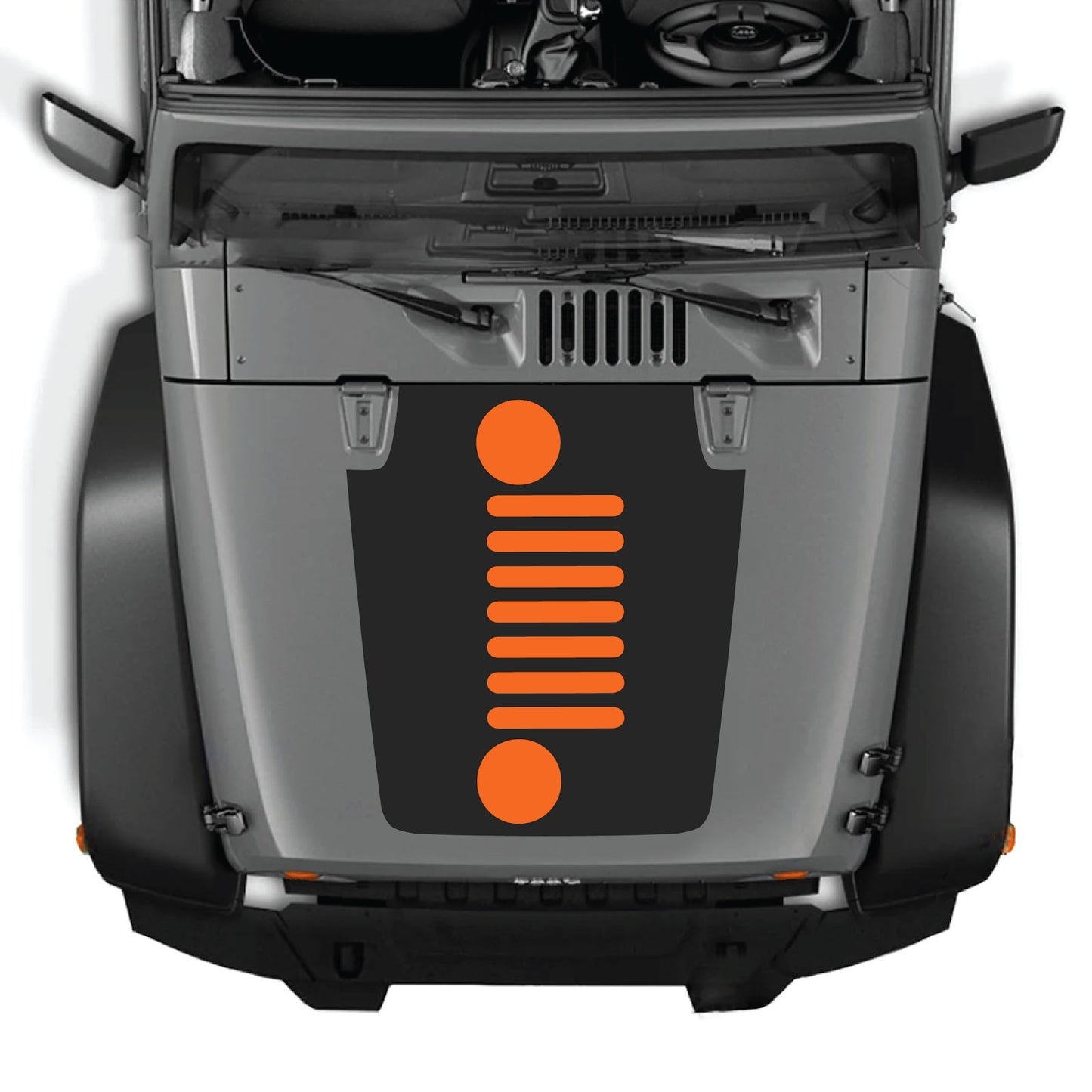 CarCode hood decal for Jeep Wrangler JK/JKU 2007-2018, Style #51, shown on black vehicle with decal applied to hood.