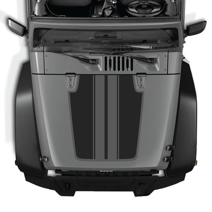 CarCode Jeep Wrangler JK/JKU hood decal Style #44 on black hood, stylish vinyl graphic for 2007-2018 Jeep Wrangler models.