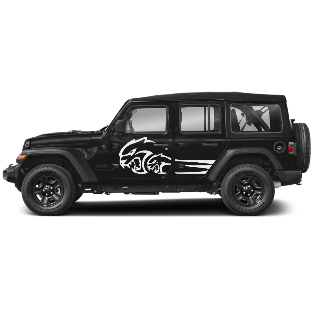 Savage Cat Side Decal Kit – Cut Avery Vinyl (Black/Blue/Grey/Red/White) for Wrangler JL/JLU/JK/JKU/4xe & Gladiator JT – Pair, Pre-Masked