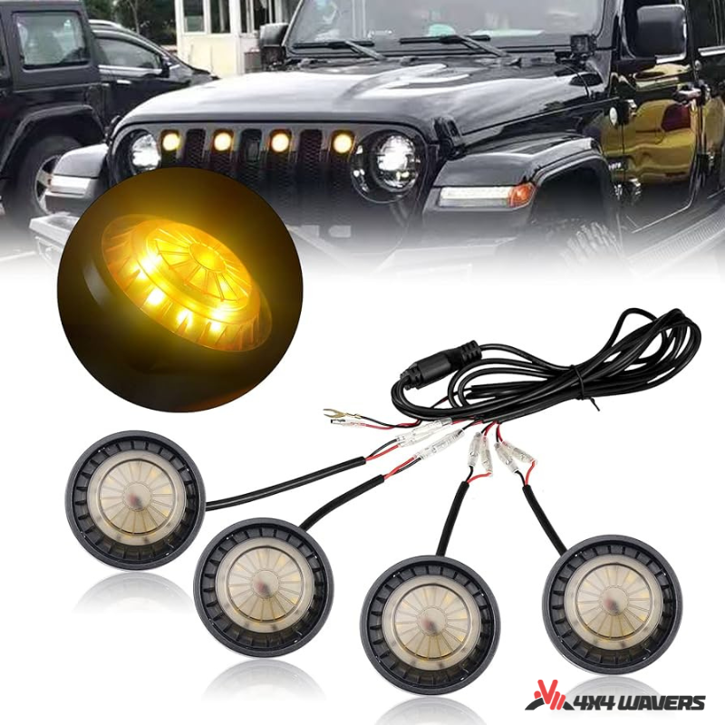 4x4wavers Grille Light Inserts Kit (4 Led Lights) Waterproof with Fuse, Amber Light with Black Smoke Housing - 4X4 WAVERS