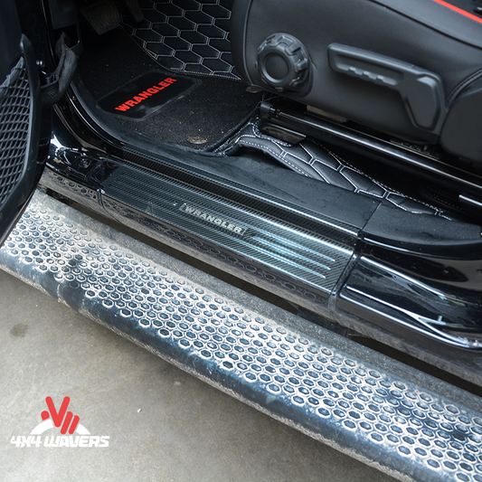 4x4wavers Door Sill Entry Guard - Carbon Fiber Style with Carbon Fiber Wrangler Logo - 4X4 WAVERS