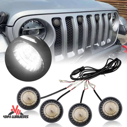 4x4wavers Grille Light Inserts Kit (4 Led Lights) Waterproof with Fuse, White Light with Black Smoke Housing - 4X4 WAVERS