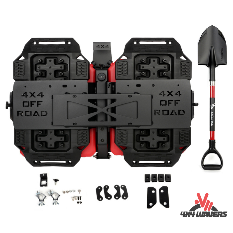 4x4wavers Tailgate Equipment Integrated Set - Rear Integrated Kit with 2 Gas Cans Tanks and 2 Traction Boards &amp; a Shovel - All-Terrain Offroads Style - 4X4 WAVERS