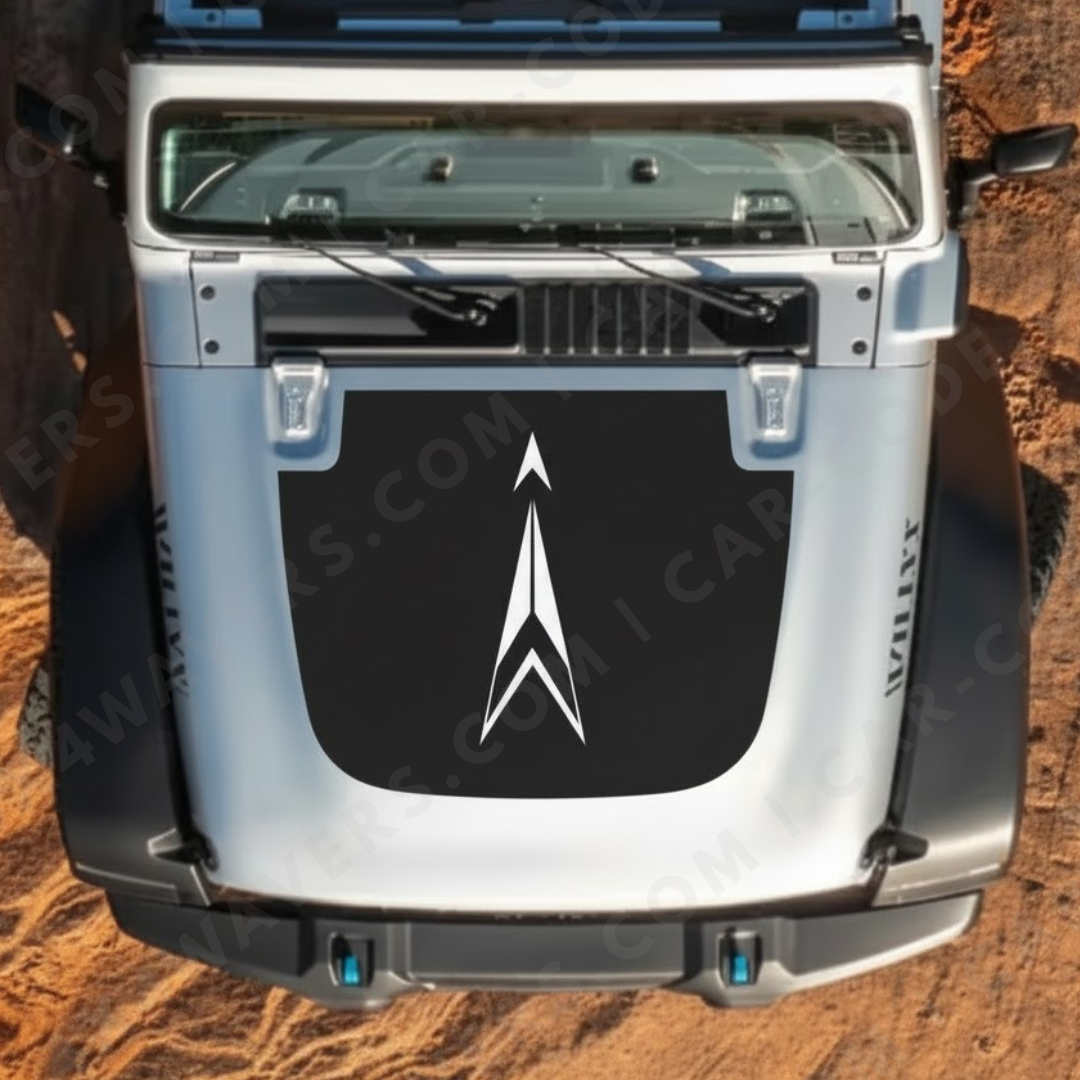 Panneau de capot Arrow Summit – Wrangler JL/JLU/JT (2018–2025) & JK/JKU (2007–2018) – Chevron blanc minimal sur noir satiné – Vinyle imprimé et laminé mat 3M (option vinyle découpé Avery)