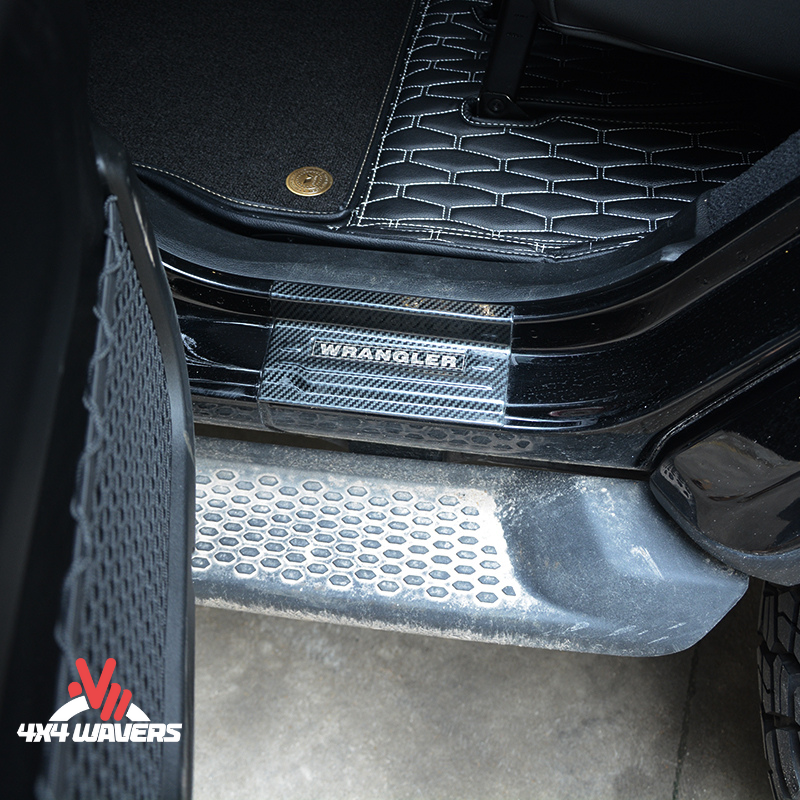 4x4wavers Door Sill Entry Guard - Carbon Fiber Style with Carbon Fiber Wrangler Logo - 4X4 WAVERS