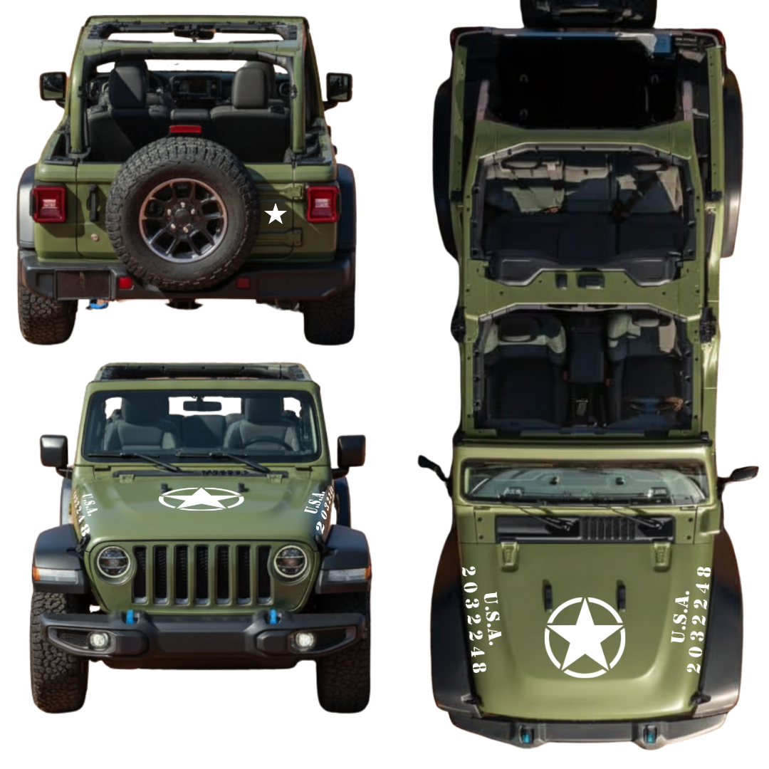 CARCODE Hood and Body Decal Kit - Military Star & Stencil - For Jeep Wrangler Models - White Vinyl