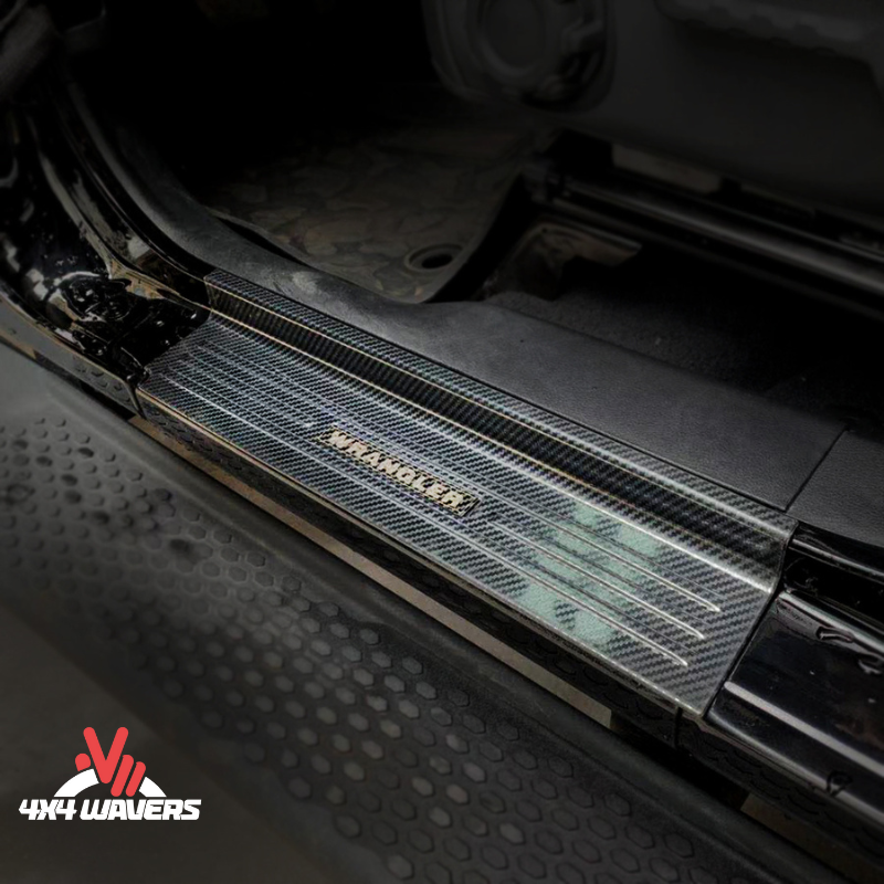 4x4wavers Door Sill Entry Guard - Carbon Fiber Style with Carbon Fiber Wrangler Logo - 4X4 WAVERS