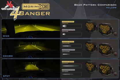 Morimoto 4Banger fog light brackets installed on a 2007-2018 Jeep Wrangler JK, designed for fog and driving lights.