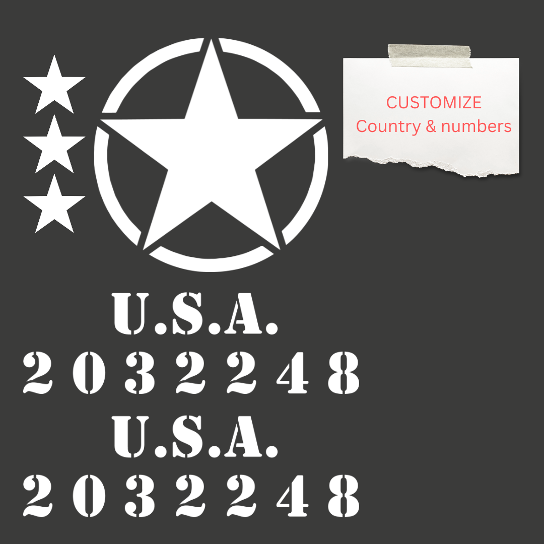 CARCODE Hood and Body Decal Kit - Military Star & Stencil - For Jeep Wrangler Models - White Vinyl