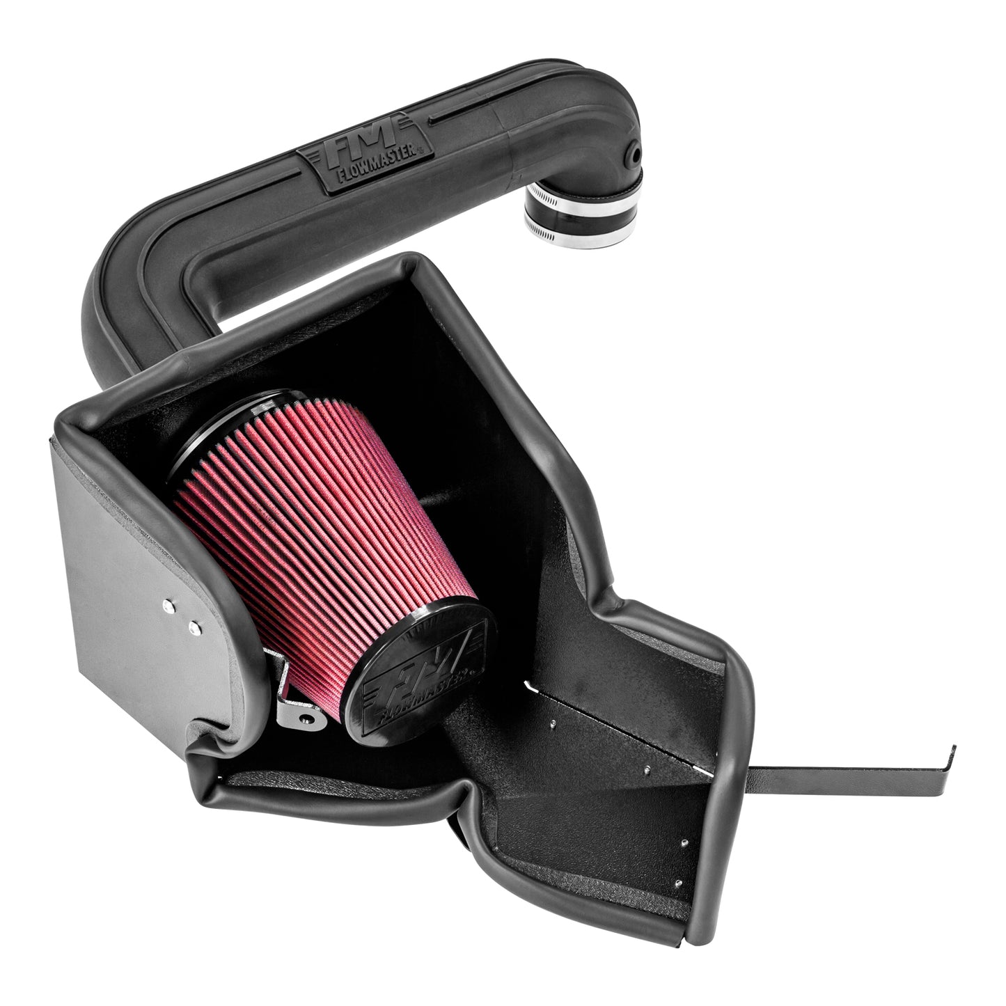 Flowmaster Delta Force Performance Air Intake system installed in a vehicle engine, showcasing the cold air intake components and airflow pathway.