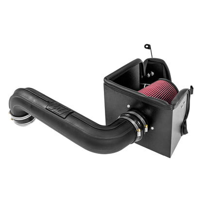 Flowmaster Delta Force performance engine cold air intake installed in a vehicle, showcasing the sleek intake system and airflow components.