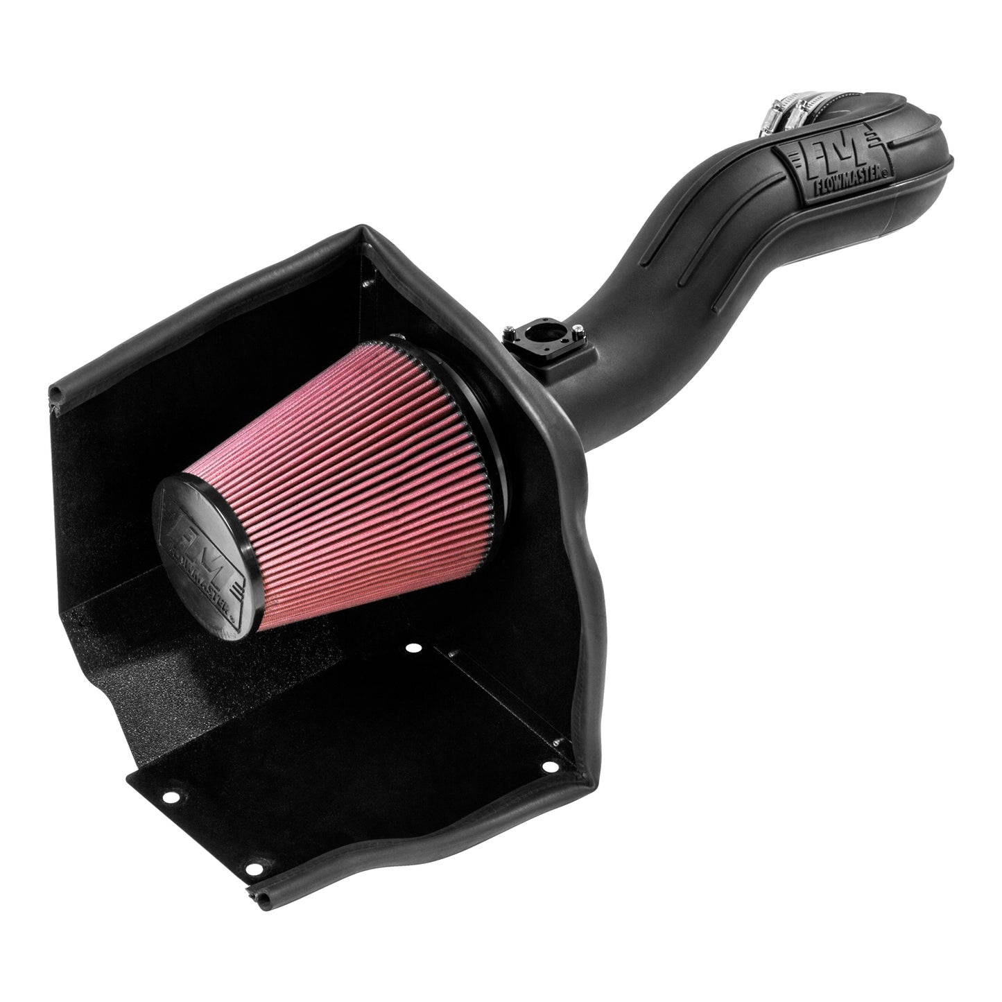 Flowmaster Delta Force Performance Cold Air Intake installed in a 2009-2014 GM Silverado/Sierra 1500 engine bay, showing the intake system and filter