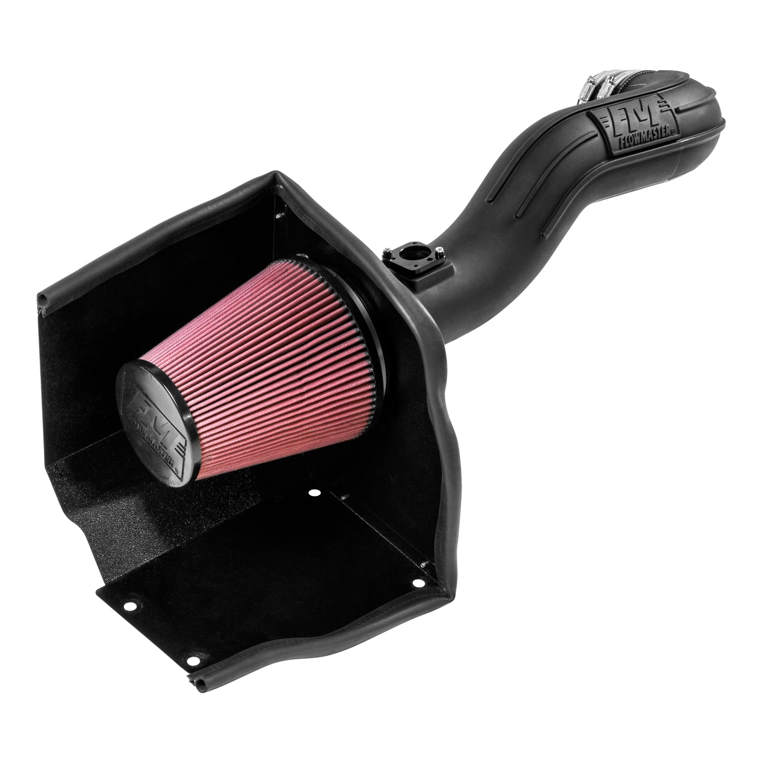Flowmaster Delta Force Performance Cold Air Intake installed in a 2009-2014 GM Silverado/Sierra 1500 engine bay, showing the intake system and filter