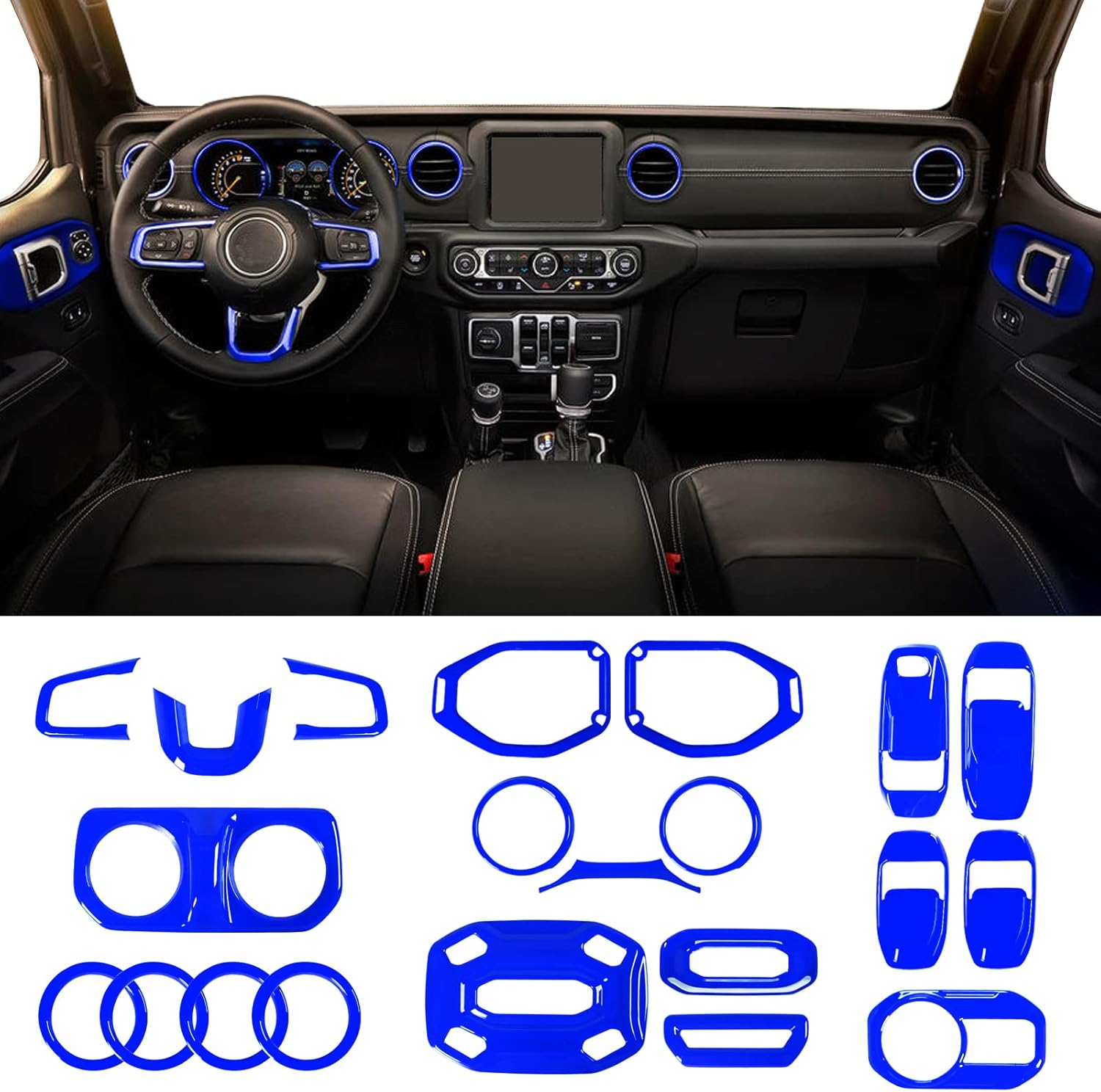 4X4WAVERS Full Set Interior Dashboard Decoration Trim Kit - 21pcs - Jeep Wrangler & Gladiator JL/JLU/4XE/JT 2018-2023 - 4X4 WAVERS