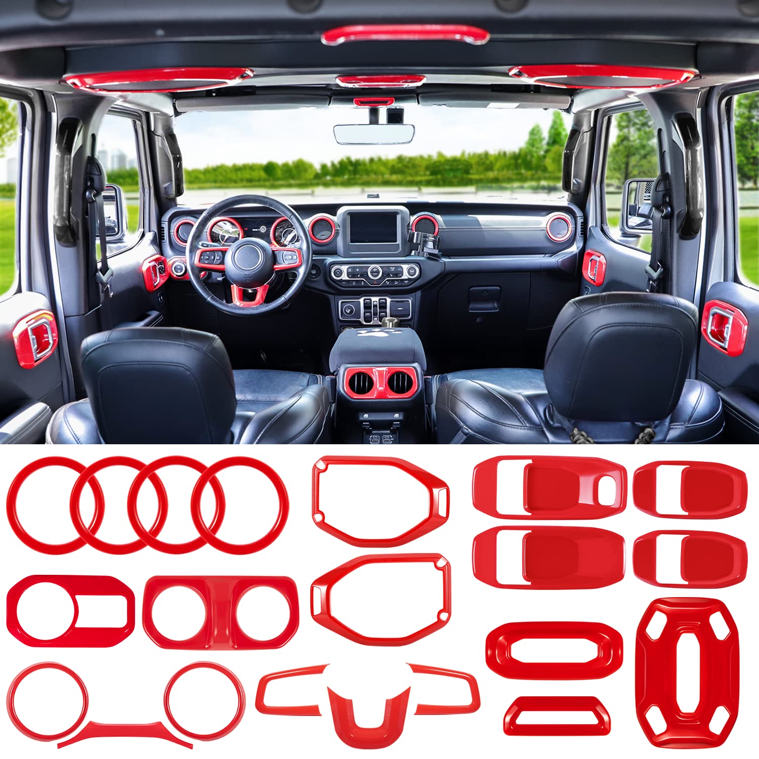 4X4WAVERS Full Set Interior Dashboard Decoration Trim Kit - 21pcs - Jeep Wrangler & Gladiator JL/JLU/4XE/JT 2018-2023 - 4X4 WAVERS