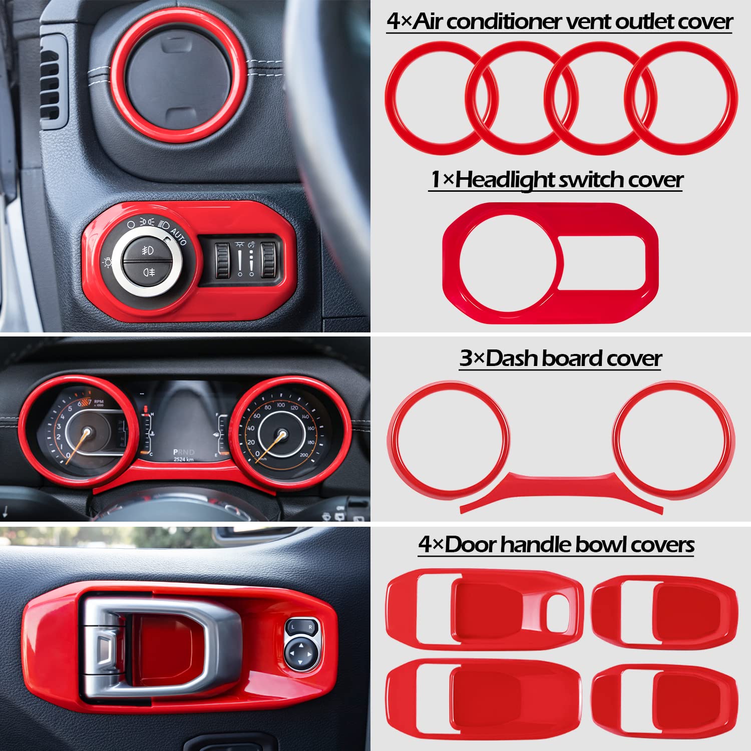 4X4WAVERS Full Set Interior Dashboard Decoration Trim Kit - 21pcs - Jeep Wrangler & Gladiator JL/JLU/4XE/JT 2018-2023 - 4X4 WAVERS