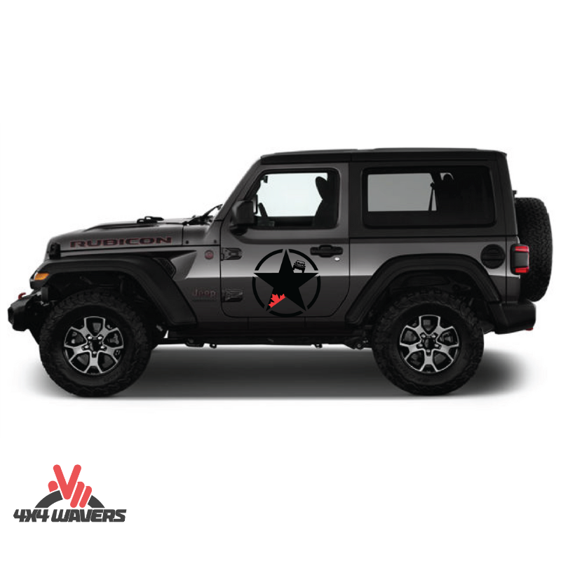 4x4wavers Canada Jeep Star Logo Sticker Decal Decoration for Side Door and Hood (2 Decals) - Offroad in Canada Style (Red Canada on Black) - 4X4 WAVERS