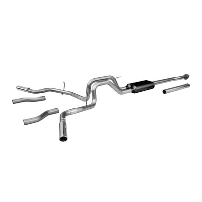 Flowmaster Force II Cat-back Exhaust System Kit installed on a vehicle, showcasing polished exhaust pipes and muffler for improved performance.